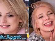 Public Agent amatuer teen with short blonde hair chatted up at busstop and taken to basement to get fucked by big dick